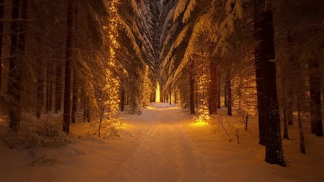 Snowy path through a forest lit by golden lights