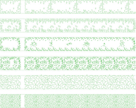 Technical landscape architectural symbols showing various vegetation patterns including grass, ground cover, shrubs and planting areas in green line work for site plans.