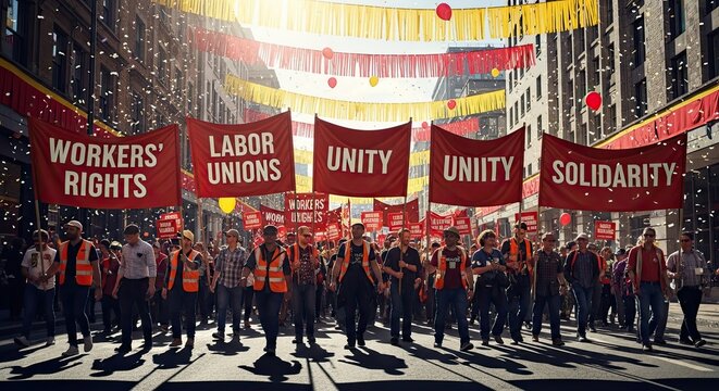 Labor union protest march with workers rights banners