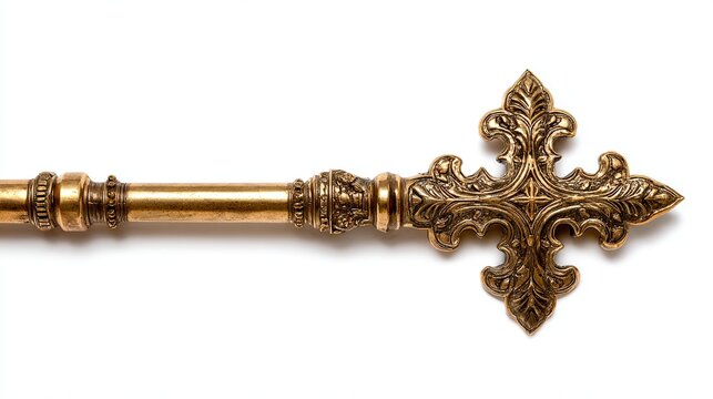 A close-up view of an ornate gold scepter with intricate cross design