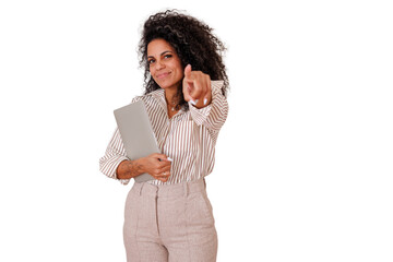 Professional woman holding laptop pointing finger, choosing future direction, successful business leadership