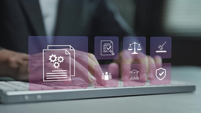 Legal compliance and governance concept. Person typing keyboard with law regulation and compliance icons, corporate governance, regulatory adherence and business accountability.