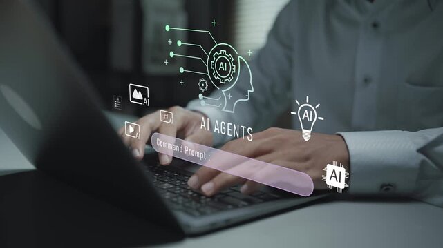 AI agents and intelligent assistant concept. Person using laptop with artificial intelligence and automation icons, smart digital assistant, workflow automation and productivity enhancement.