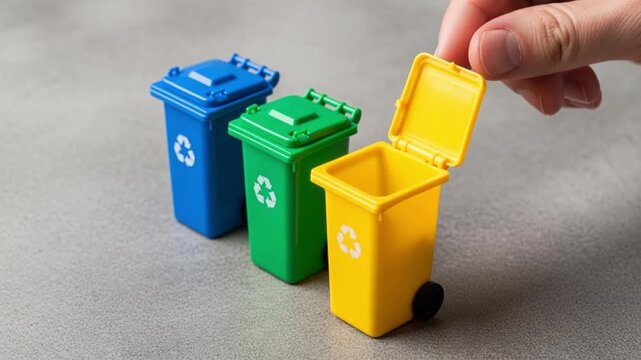 Tiny colorful recycling bins displayed on gray surface, hand closes lid of yellow bin