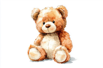 Vintage Watercolor Teddy Bear, Hand-Painted Plush Toy Illustration, Cute Retro Nursery Isolated on White