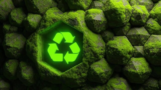 A captivating close up shot featuring a vibrant green recycling symbol seamlessly embedded in moss-covered rocks