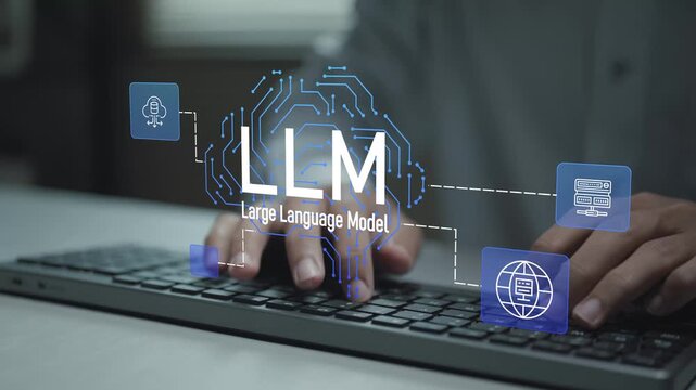 AI large language model system concept. Person typing keyboard with generative AI and neural network icons, natural language processing, intelligent automation and digital innovation.