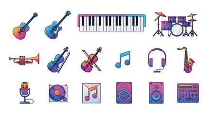 Fototapeta premium Collection of colorful musical instruments and audio equipment icons