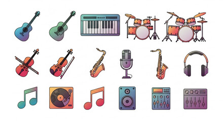 Fototapeta premium Assortment of vibrant musical instruments and sound equipment icons