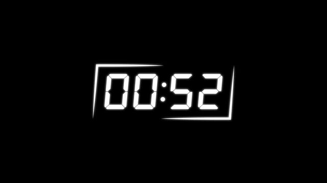 White glowing digital clock number countdown animation from 1 minute to 0 second with top and bottom corner line frame on black background. 4K animated for countdown timer and motion graphics.