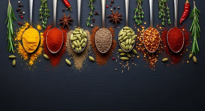 Variety of colorful spices and herbs on metal spoons on dark surface