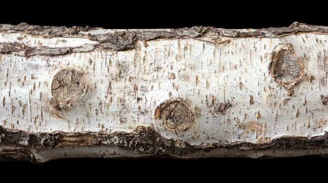 A detailed close up showcases the textured white bark of a birch tree branch with distinct knots against a stark black background, highlighting its natural beauty.
