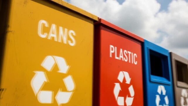 Colorful recycling bins for paper cans and plastic materials stand outdoors under bright cloudy sky at daytime