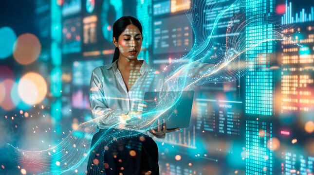 Data analyst using laptop with digital wave visualization, Latin businesswoman