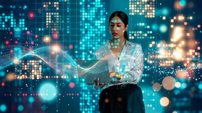Latin businesswoman analyzing data on laptop with digital wave interface