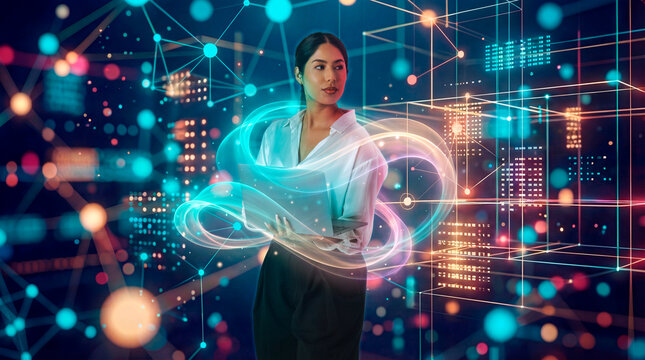 Latin businesswoman working on laptop with digital network interface