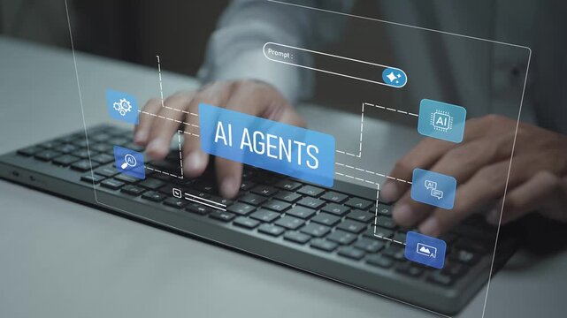 Digital AI agents system concept. Person typing keyboard with smart assistant and automation icons, autonomous software agents, intelligent computing and business technology solutions.