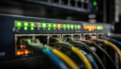Naklejka premium Clear focus on blinking status lights of a core network switch demonstrating realtime IP broadcast routing activity while the surrounding rack equipment remains softly blurred.