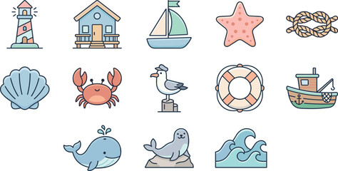 Cute nautical sea icons set with lighthouse sailboat fishing boat starfish rope shell crab seagull lifebuoy whale seal and ocean wave illustrations on transparent background © Yehor