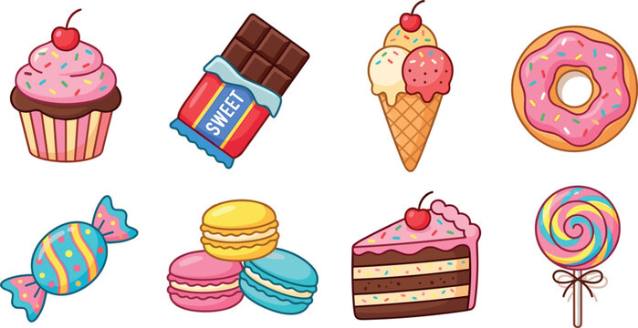 Sweet dessert icons set with cupcake chocolate bar ice cream donut candy macarons cake slice and lollipop, colorful confectionery bakery food illustration collection on transparent background