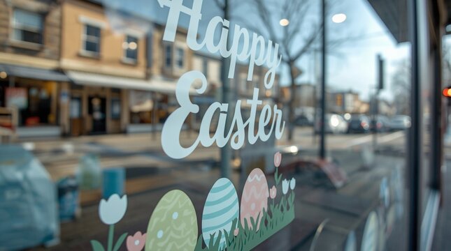 Happy Easter window decal on a storefront glass with pastel egg and flower illustrations, overlooking a blurred small-town street scene