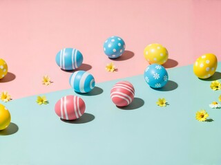 Obraz premium Colorful Patterned Easter Eggs on Pastel Dual-Tone Background