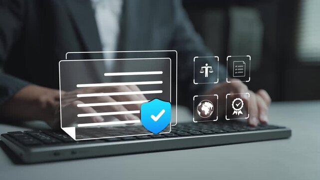Corporate business compliance management concept. Person typing keyboard with verification and checklist icons, legal compliance, internal control and governance standards.