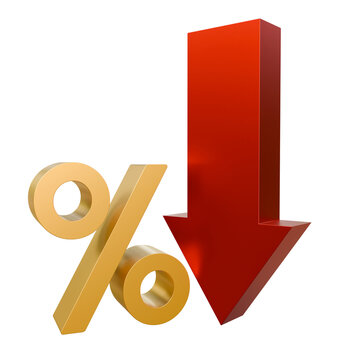 Percent symbol with down arrow isolated. 3d red low price. Percent off discount symbol. Crisis concept sign. Price reduction, sales, discounts, financial loss, or decreasing mark