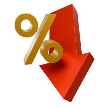 Percent symbol with down arrow isolated. 3d red low price. Percent off discount symbol. Crisis concept sign. Price reduction, sales, discounts, financial loss, or decreasing mark