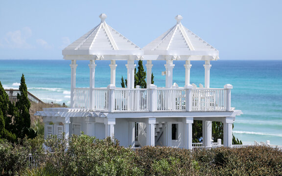White coastal pavilion overlooking the turquoise Gulf waters in Santa Rosa Beach along Florida&rsquo;s Scenic Highway 30A.
