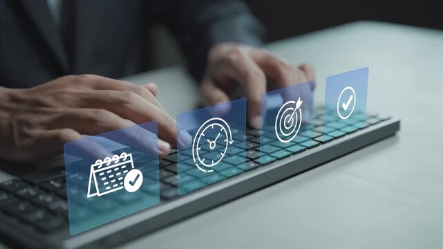 Digital task management and scheduling concept. Person typing keyboard with calendar and project planning icons, deadline tracking, workflow coordination and team productivity.