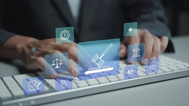 Digital law concept. Person typing keyboard with legal regulation and cybersecurity icons, online legal compliance, digital governance and technology law.