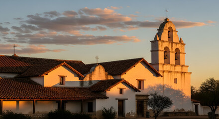 Naklejka premium Historic Spanish Mission Architecture at Sunset.