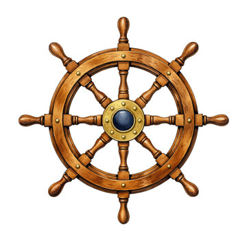 A watercolor illustration of a wooden ship steering wheel for nautical designs, maritime themes, sailing decor, and ocean adventure illustrations.