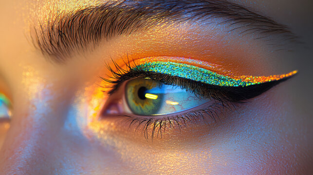 A captivating close-up reveals vibrant orange and teal eyeshadow with a dramatic black winged liner enhancing the allu green eye of a beautiful young woman.