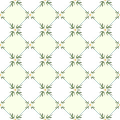 Fototapeta premium Seamless vector pattern with white daisy flowers on pistachio background with white and light green diamond shapes. Spring floral repeat for textile and decor.