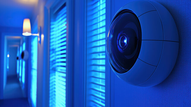 Security cameras monitor a long hallway with window blinds and wall sconces bathed in a cool blue light offe protection and safety in a modern building.