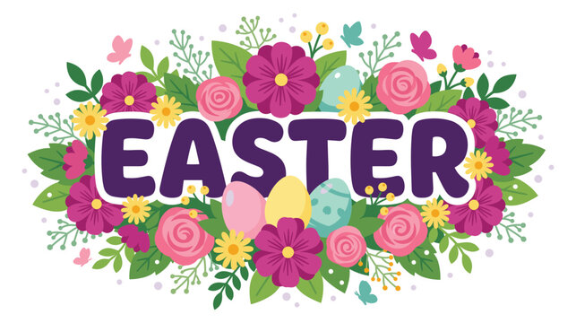 Floral easter typography design with spring flowers and colored eggs