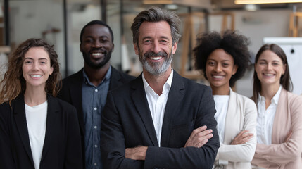 Fototapeta premium successful office team of diverse professionals posing in formal business attire in contemporary workplace setting showing leadership teamwork corporate culture and career success