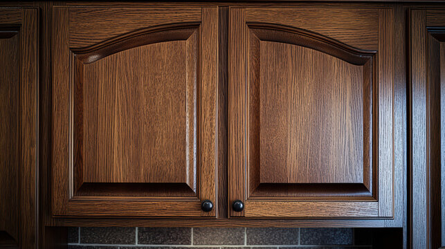 The richly stained wooden cabinet doors exhibit craftsmanship and traditional design with dark knobs against a backsplash in a home kitchen interior space.