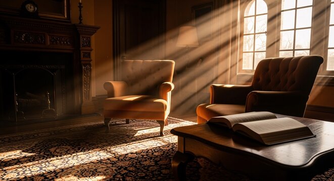 Cozy living room with warm sunlight.