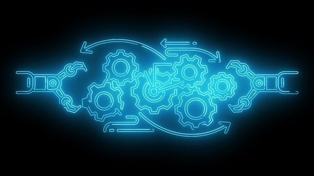 Glowing blue neon illustration of interlocking gears and mechanical tools on a black background with a futuristic and technological mood.