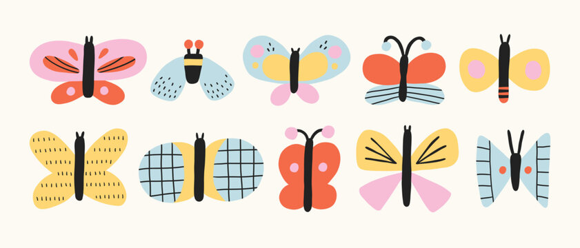 Simple flat doodle butterfly collection. Modern funny shapes, abstract trendy insects. Set of stylized butterflies, moths of delicate and bright colors of different shapes, patterns on white isolated.