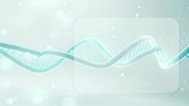 Teal dna double helix structure on a light blue background with white specks
