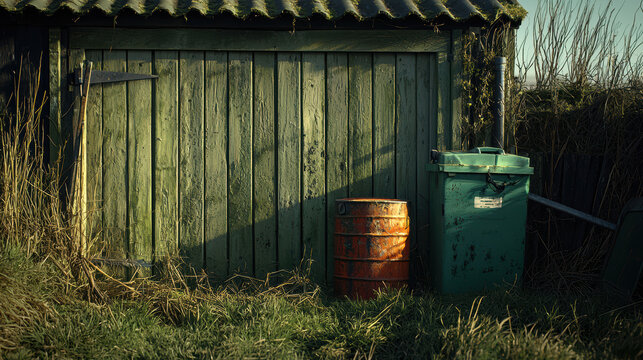 An old weathered green shed is led amongst the overgrown grass, with a rusty barrel and green trash bin standing near its weathered wooden doors in the sunlight.
