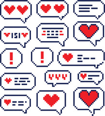 Fototapeta premium Pixel Art Speech Bubbles with Hearts and Exclamation Marks on White Background 