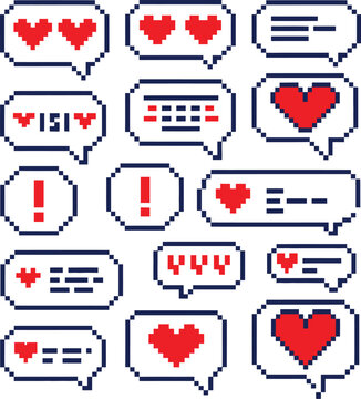 Pixel Art Speech Bubbles with Hearts and Exclamation Marks on White Background 