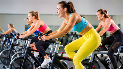 Fototapeta premium Energetic Women in Indoor Cycling Class, Fitness Motivation