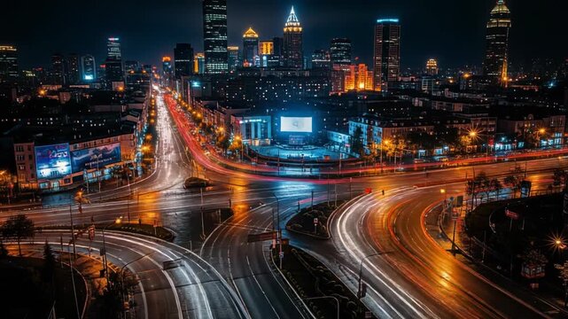A nighttime cityscape with a highway interchange featuring streaks of light from moving vehicles