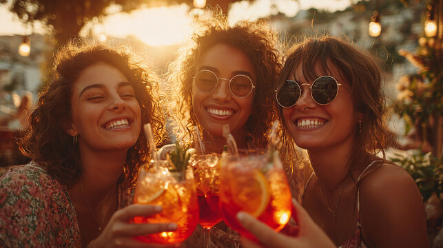 three women enjoying spritz cocktails at sunset on bar terrace during summer vacation cheerful friendship celebration in golden light relaxed outdoor leisure atmosphere